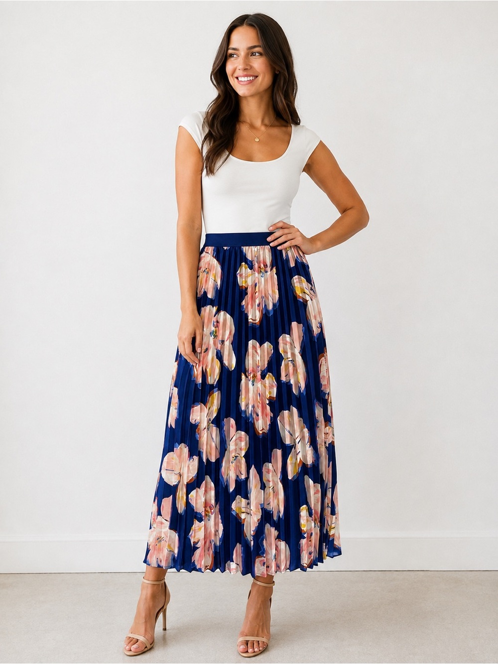 A New Day Navy Blue Floral Pleated Accordion Midi Skirt